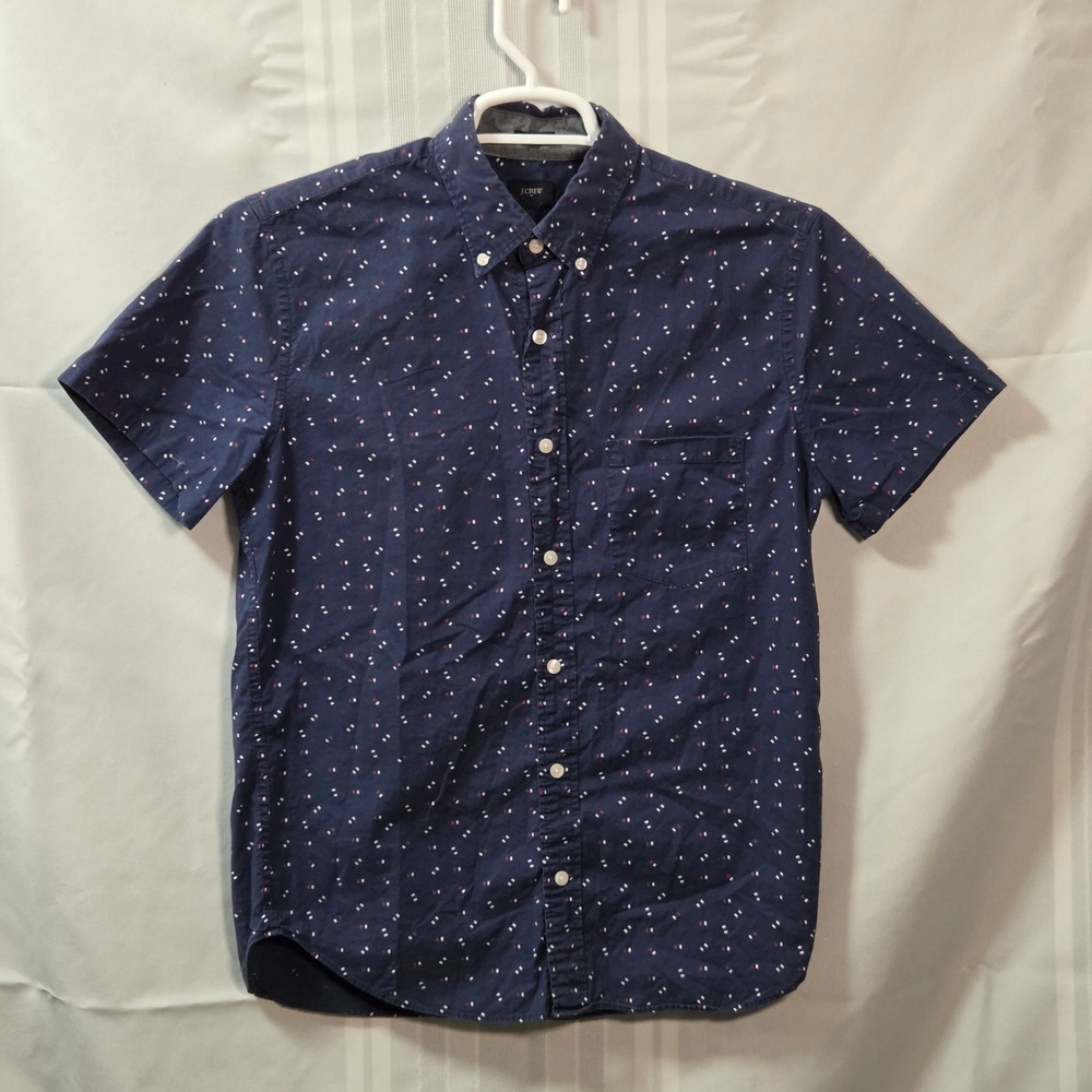 J.Crew Button Down Shirt Mens M Navy Dash Print Slim Fit Short Sleeve Pocket